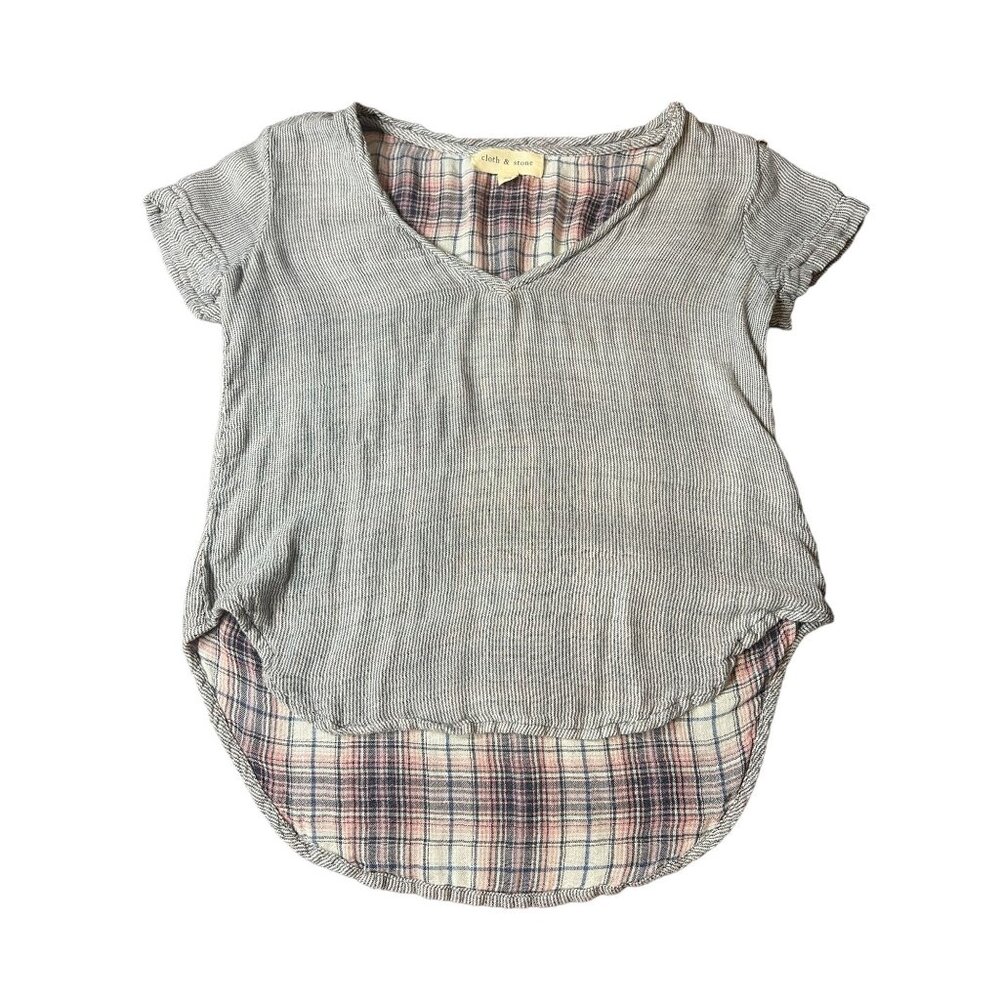 Cloth & Stone Shirt XS ‎ 100% Viscose Striped & Plaid Peekaboo Hem